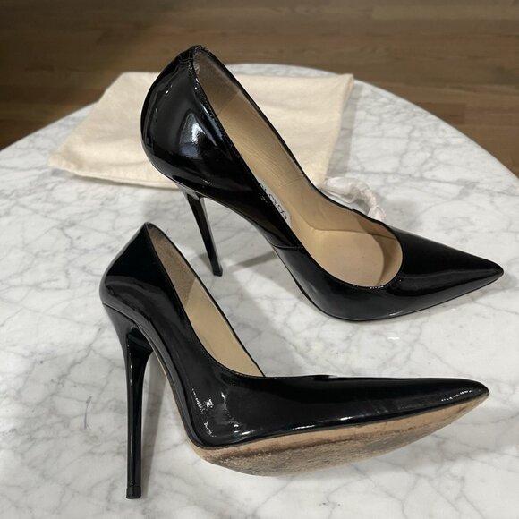 Jimmy Choo Anouk Stiletto Heel Pumps Patent Leather Black Pointed Toe - Picture 5 of 9